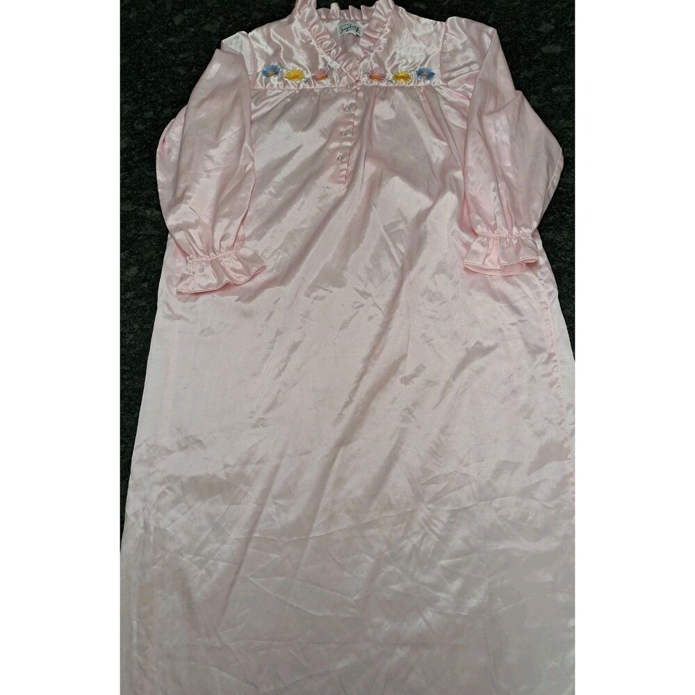 Vintage M Saybury Nightgown Pink Satin Floral Embroidered Gown Long Sleeves